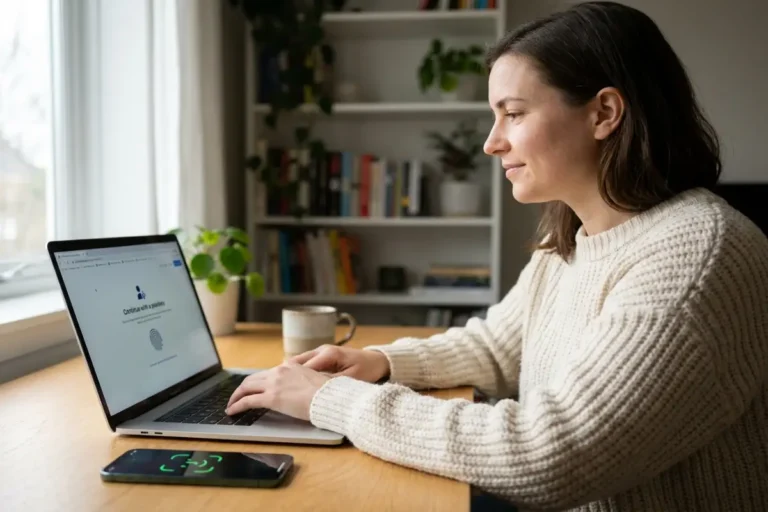passkeys vs passwords login screen with fingerprint prompt on laptop at a home office desk