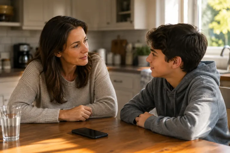 protect children from online predators guide showing parent and teenager in open safety conversation at home