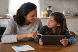 safe internet habits for kids guide parent teaching child online safety using tablet at kitchen table at home