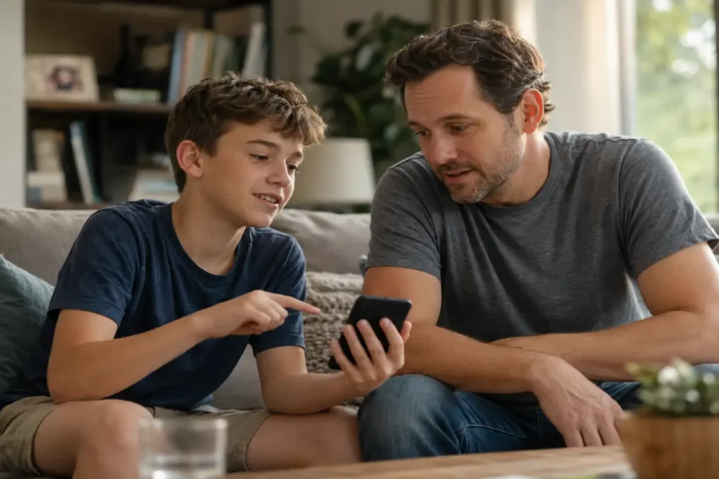 safe internet habits for kids report it habit guide child showing parent something on phone in relaxed open conversation at home