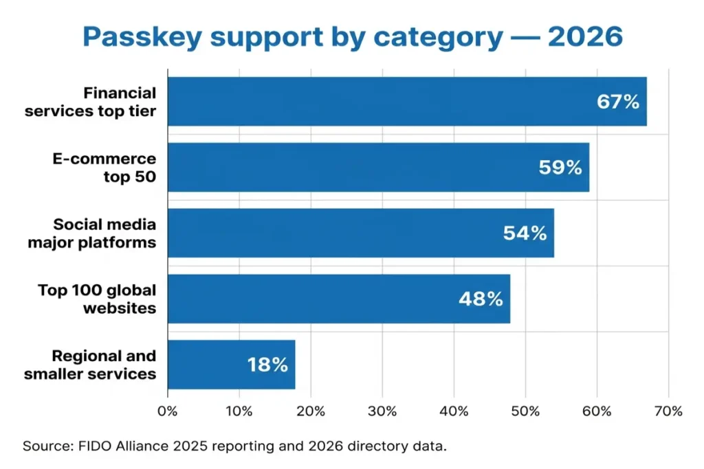 websites that support passkeys category breakdown bar chart showing adoption percentages across five service categories in 2026