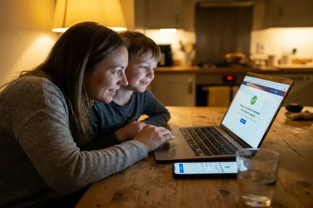 websites that support passkeys enrollment confirmation on financial site with passkey visible on both laptop and phone